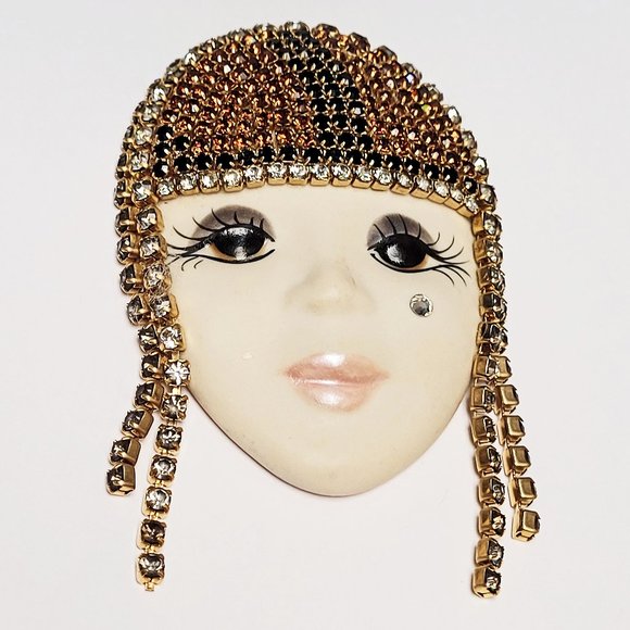 Vintage '87 Art Deco FLAPPER FACE HEADDRESS Porcelain Rhinestone Brooch Signed - Picture 3 of 9